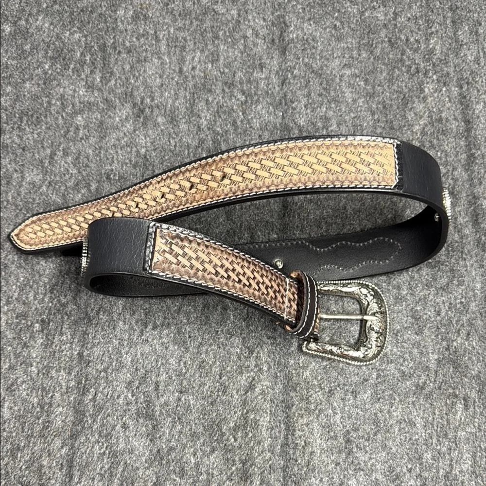 Black and Tan Woven Leather Belt with Silver Buckle